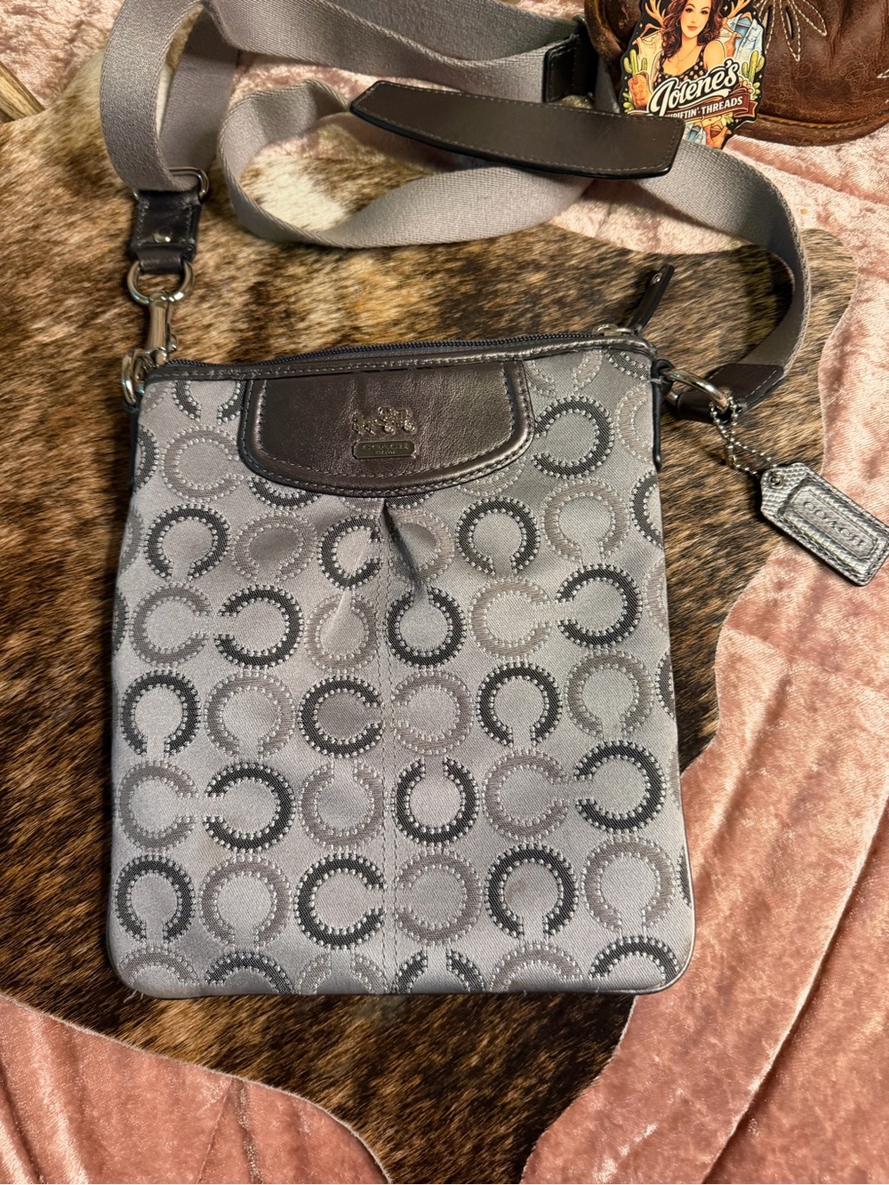 Coach Signature Jacquard Gray and Silver Crossbody Swingpack Bag